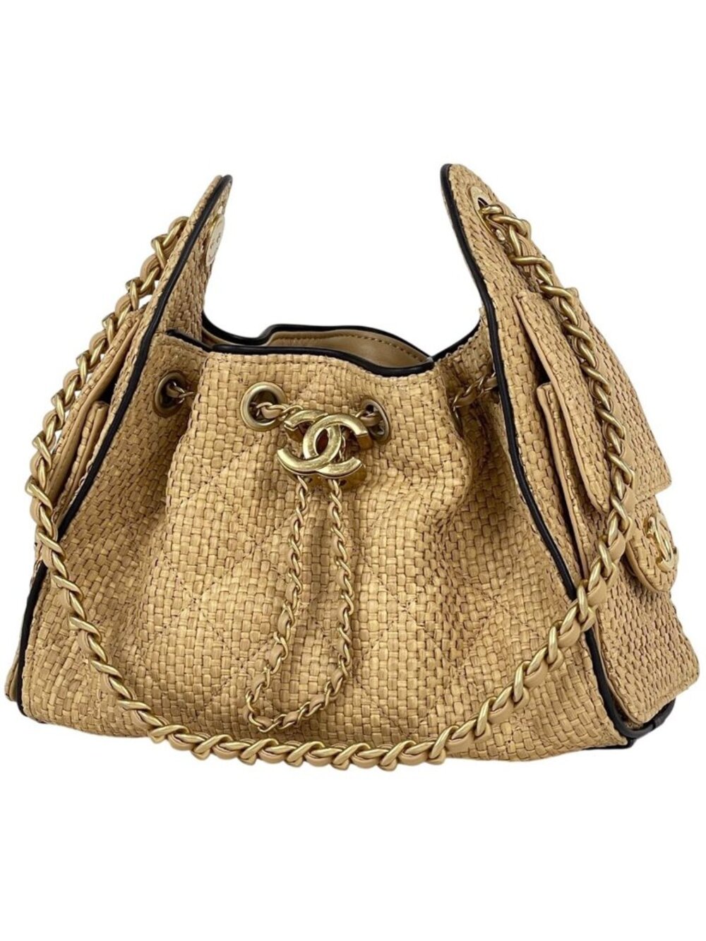 Chanel 25 Mini Handbag CC Logo Raffia Beige Black